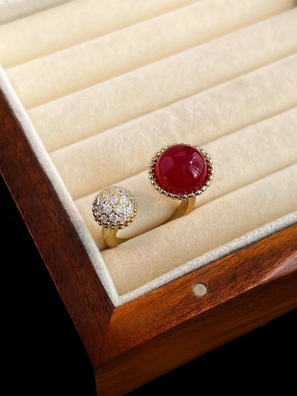Adjustable Red Stone & Crystal Gold Tone Statement Ring